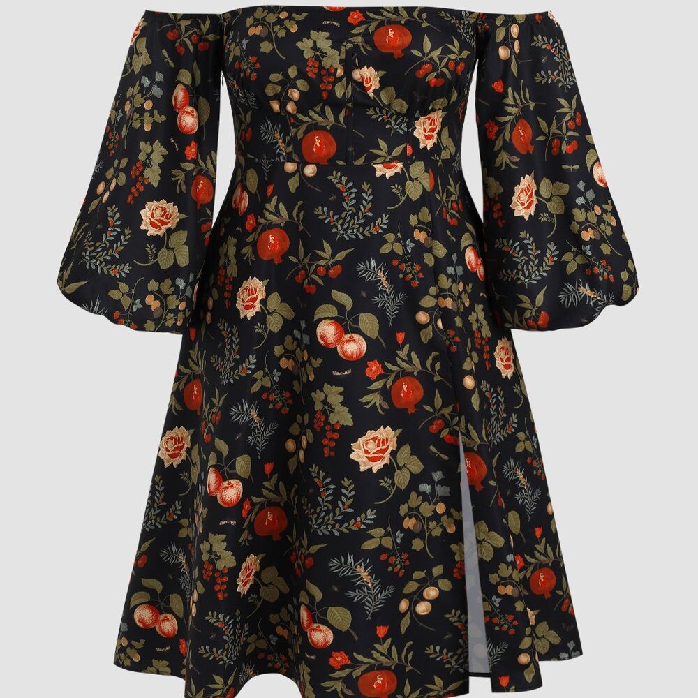 Fruit & Floral Off-shoulder Slit Maxi Dress